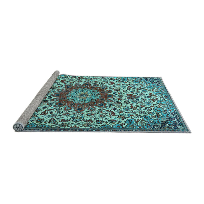 Sideview of Machine Washable Medallion Light Blue Traditional Rug, wshtr3992lblu