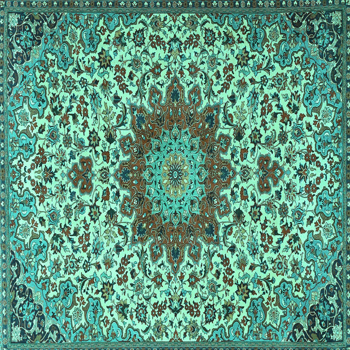 Square Machine Washable Medallion Turquoise Traditional Area Rugs, wshtr3992turq