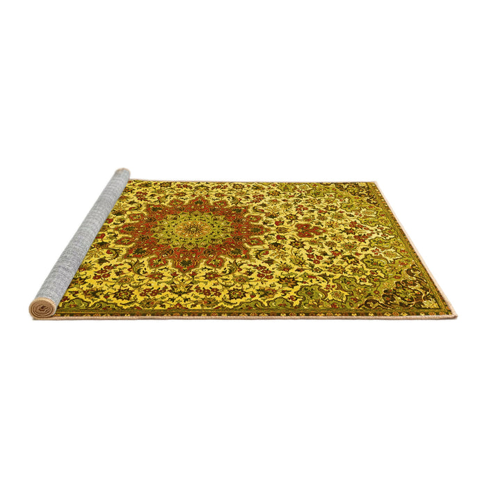 Sideview of Machine Washable Medallion Yellow Traditional Rug, wshtr3992yw