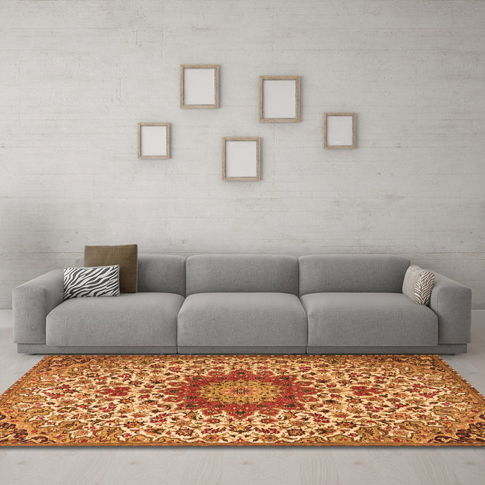 Machine Washable Medallion Orange Traditional Area Rugs in a Living Room, wshtr3992org