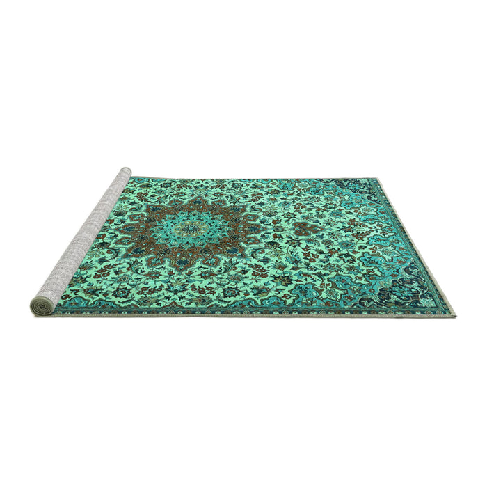 Sideview of Machine Washable Medallion Turquoise Traditional Area Rugs, wshtr3992turq