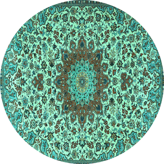 Round Machine Washable Medallion Turquoise Traditional Area Rugs, wshtr3992turq