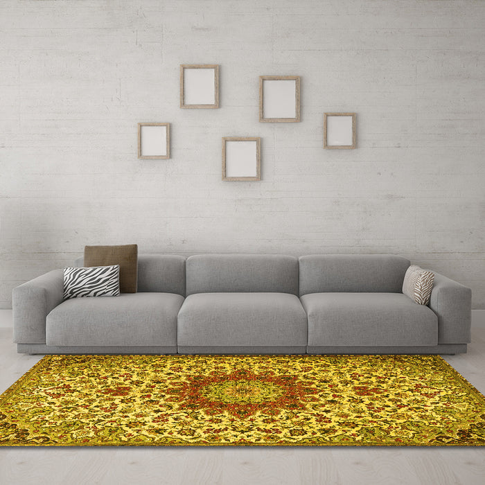 Machine Washable Medallion Yellow Traditional Rug in a Living Room, wshtr3992yw