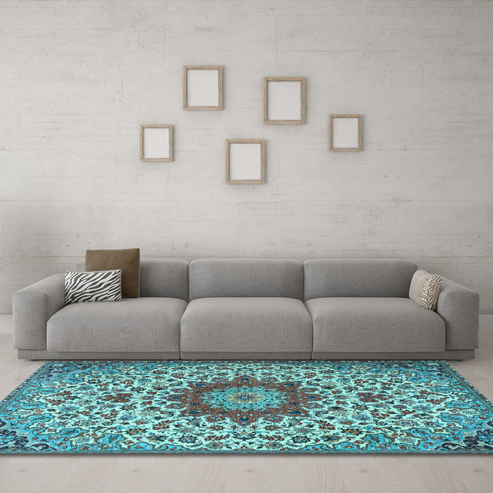 Machine Washable Medallion Light Blue Traditional Rug in a Living Room, wshtr3992lblu