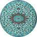 Round Machine Washable Medallion Light Blue Traditional Rug, wshtr3992lblu