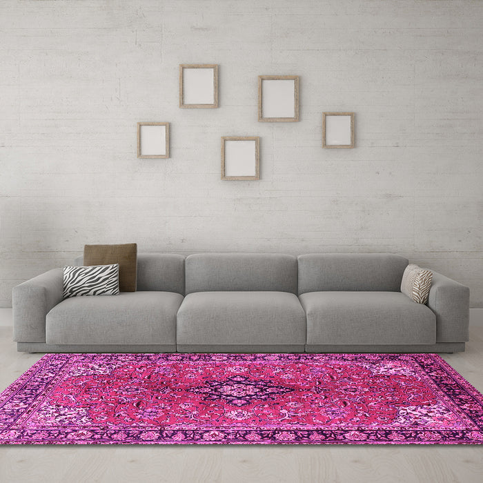 Machine Washable Medallion Pink Traditional Rug in a Living Room, wshtr3998pnk