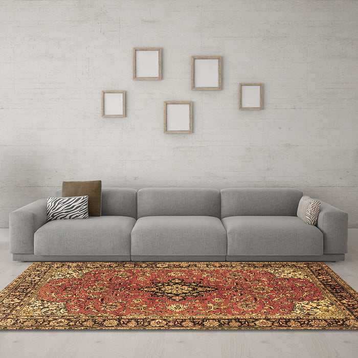 Machine Washable Medallion Brown Traditional Rug in a Living Room,, wshtr3998brn