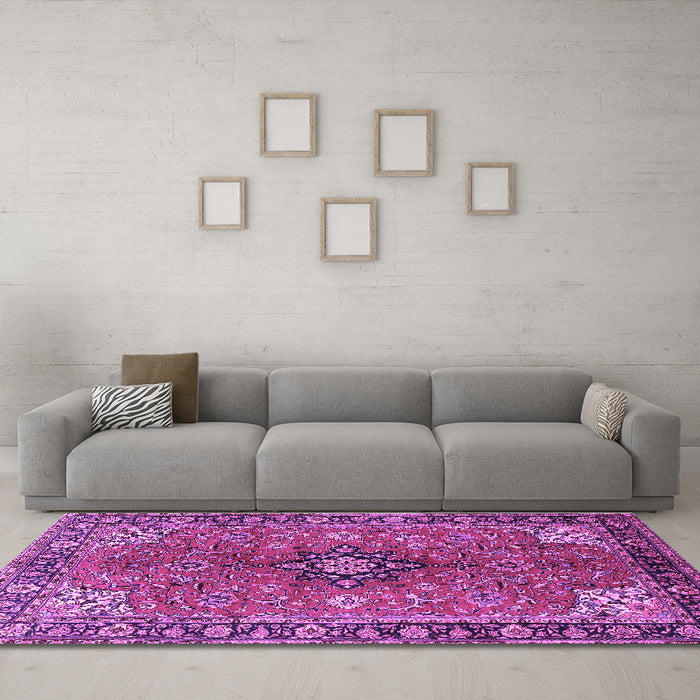 Machine Washable Medallion Purple Traditional Area Rugs in a Living Room, wshtr3998pur
