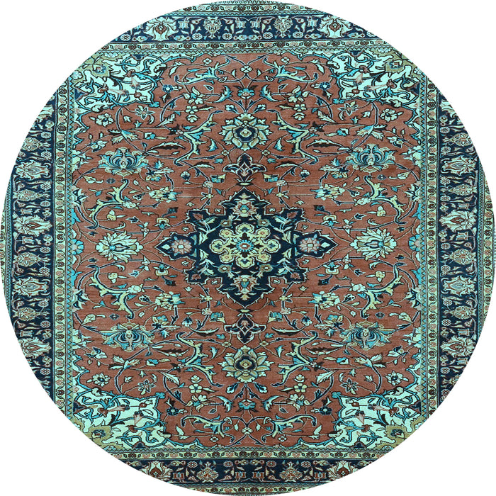 Round Machine Washable Medallion Light Blue Traditional Rug, wshtr3998lblu