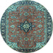 Round Machine Washable Medallion Light Blue Traditional Rug, wshtr3998lblu