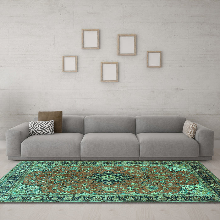 Machine Washable Medallion Turquoise Traditional Area Rugs in a Living Room,, wshtr3998turq