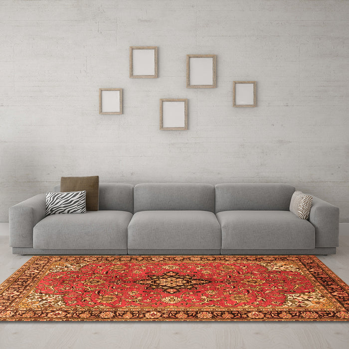 Machine Washable Medallion Orange Traditional Area Rugs in a Living Room, wshtr3998org