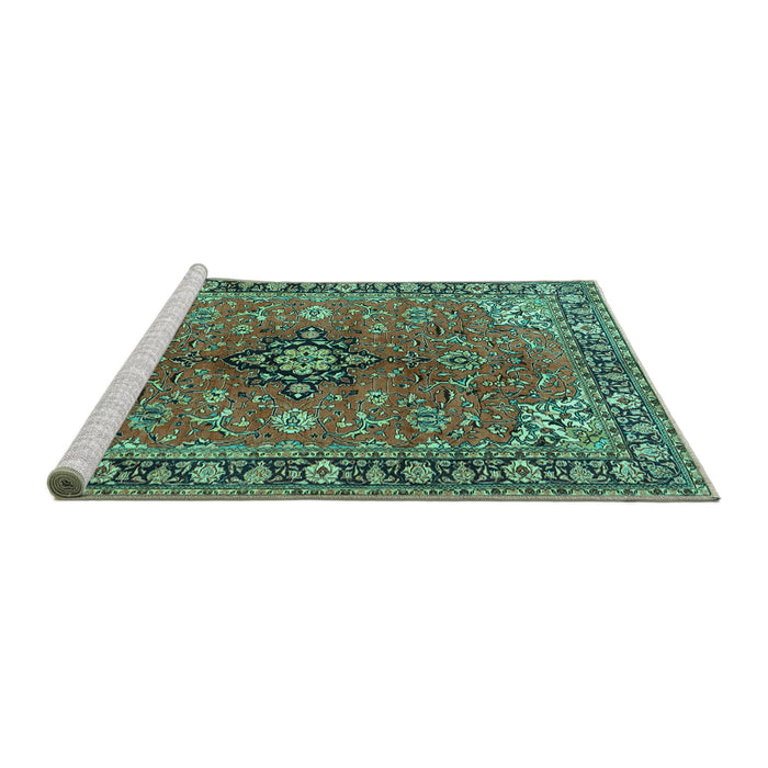 Sideview of Machine Washable Medallion Turquoise Traditional Area Rugs, wshtr3998turq