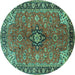 Round Machine Washable Medallion Turquoise Traditional Area Rugs, wshtr3998turq