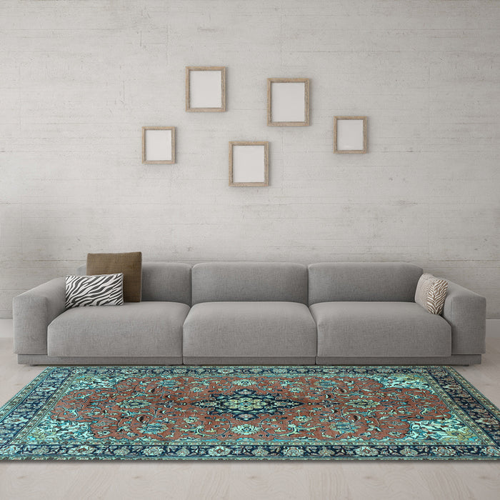 Machine Washable Medallion Light Blue Traditional Rug in a Living Room, wshtr3998lblu