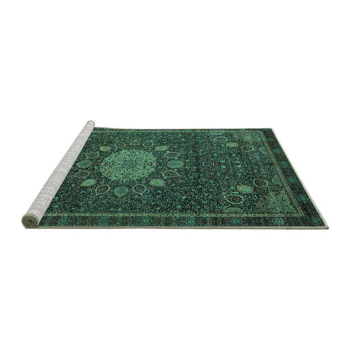 Sideview of Machine Washable Medallion Turquoise Traditional Area Rugs, wshtr39turq