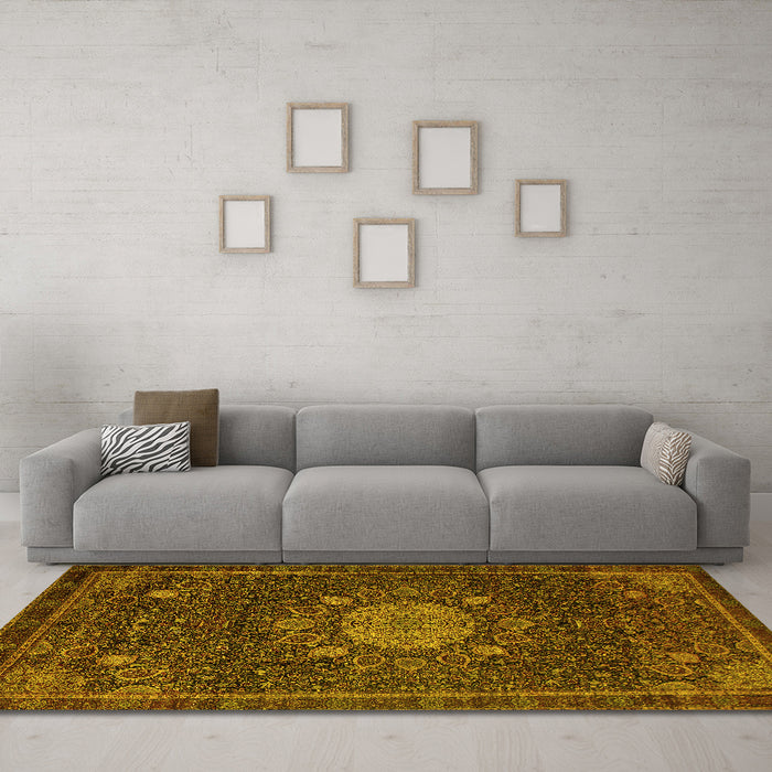 Machine Washable Medallion Yellow Traditional Rug in a Living Room, wshtr39yw