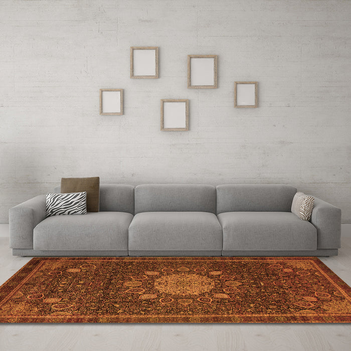 Machine Washable Medallion Orange Traditional Area Rugs in a Living Room, wshtr39org