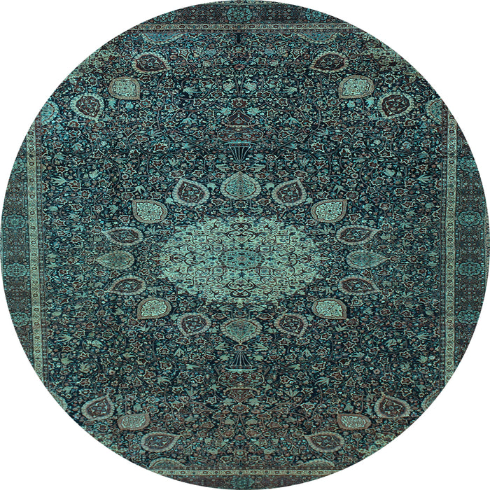 Round Machine Washable Medallion Light Blue Traditional Rug, wshtr39lblu