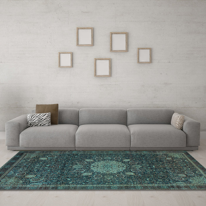 Machine Washable Medallion Light Blue Traditional Rug in a Living Room, wshtr39lblu