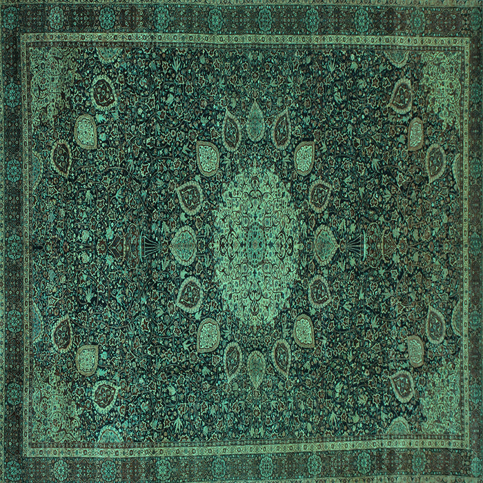 Square Machine Washable Medallion Turquoise Traditional Area Rugs, wshtr39turq