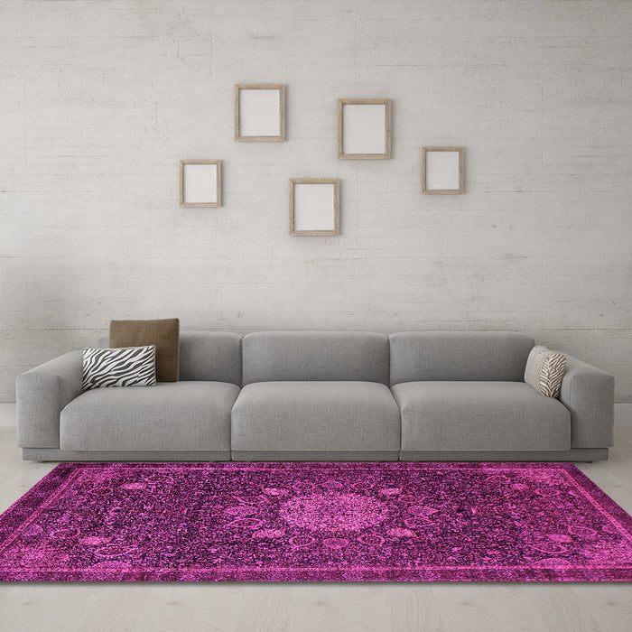 Machine Washable Medallion Pink Traditional Rug in a Living Room, wshtr39pnk