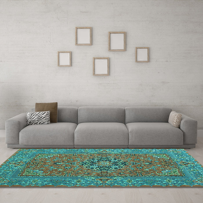 Machine Washable Persian Turquoise Traditional Area Rugs in a Living Room,, wshtr3turq
