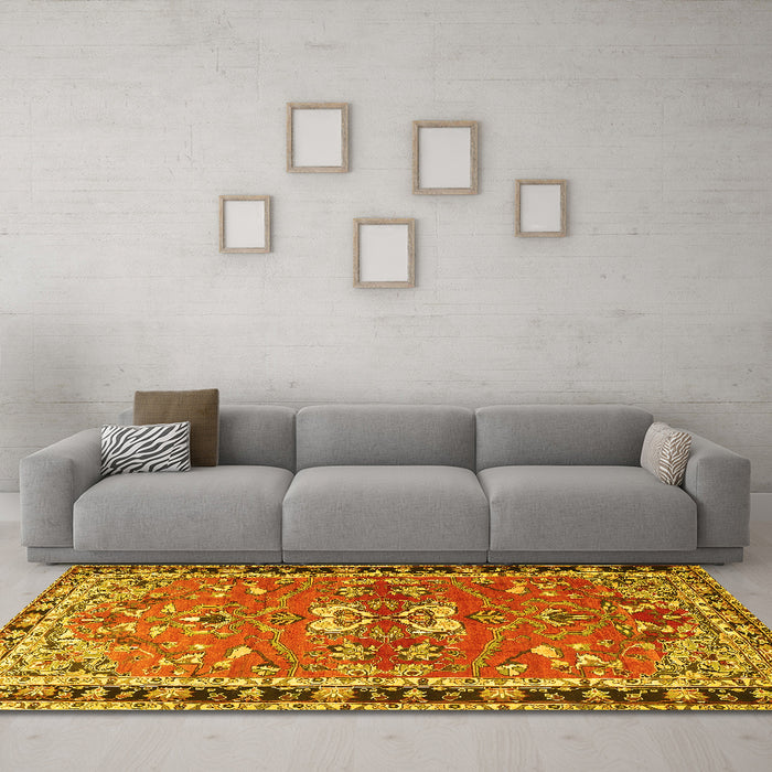 Machine Washable Persian Yellow Traditional Rug in a Living Room, wshtr4001yw