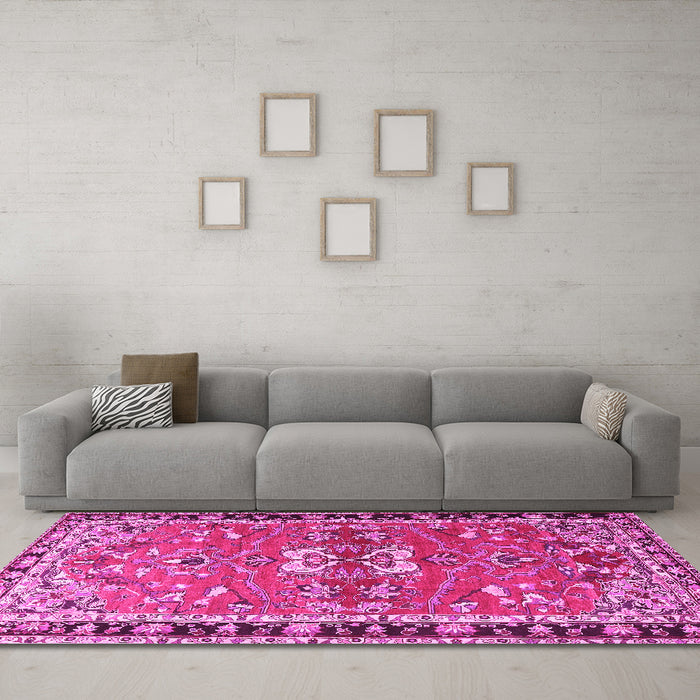 Machine Washable Persian Pink Traditional Rug in a Living Room, wshtr4001pnk