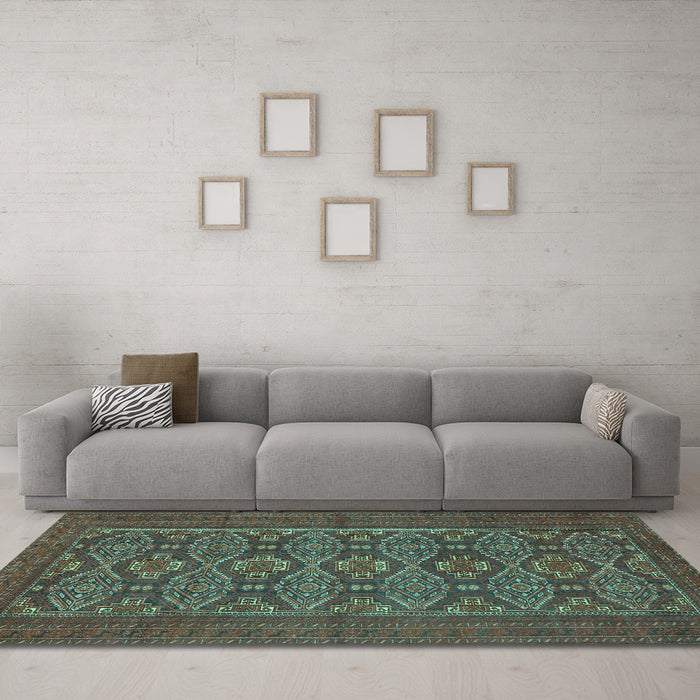 Machine Washable Persian Turquoise Traditional Area Rugs in a Living Room,, wshtr4002turq