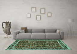 Machine Washable Persian Turquoise Traditional Area Rugs in a Living Room,, wshtr4003turq