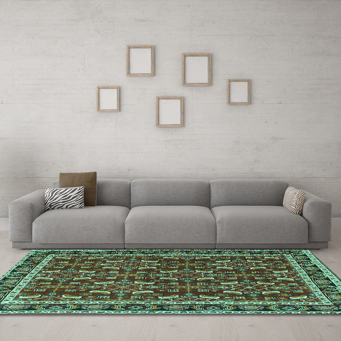 Machine Washable Persian Turquoise Traditional Area Rugs in a Living Room,, wshtr4003turq