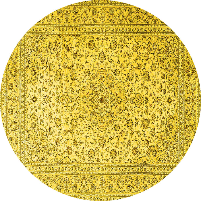 Round Machine Washable Medallion Yellow Traditional Rug, wshtr4005yw
