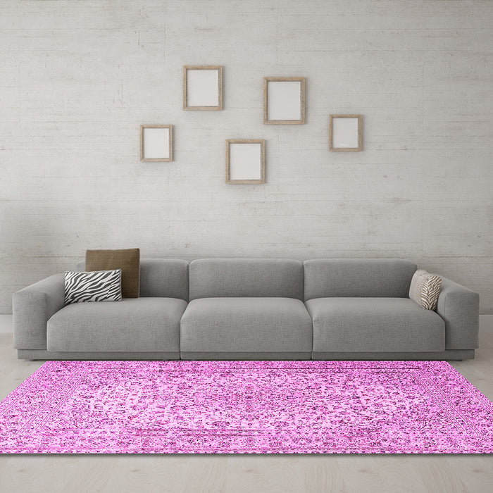 Machine Washable Medallion Pink Traditional Rug in a Living Room, wshtr4005pnk