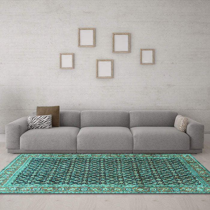 Machine Washable Persian Turquoise Traditional Area Rugs in a Living Room,, wshtr4006turq