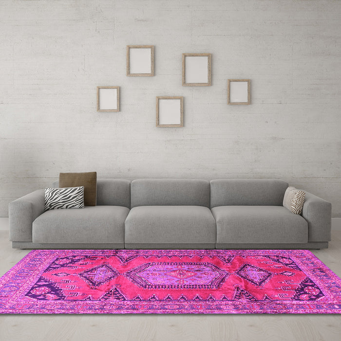 Machine Washable Persian Pink Traditional Rug in a Living Room, wshtr4007pnk