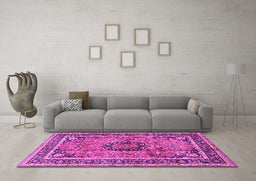 Machine Washable Medallion Pink Traditional Rug in a Living Room, wshtr4008pnk