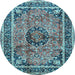 Round Machine Washable Medallion Light Blue Traditional Rug, wshtr4008lblu