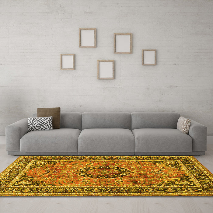 Machine Washable Medallion Yellow Traditional Rug in a Living Room, wshtr4008yw
