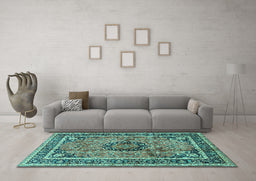 Machine Washable Medallion Turquoise Traditional Area Rugs in a Living Room,, wshtr4008turq