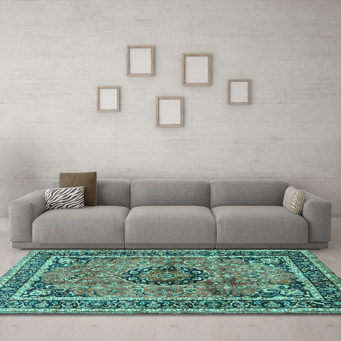 Machine Washable Medallion Turquoise Traditional Area Rugs in a Living Room,, wshtr4008turq
