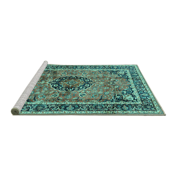 Sideview of Machine Washable Medallion Turquoise Traditional Area Rugs, wshtr4008turq