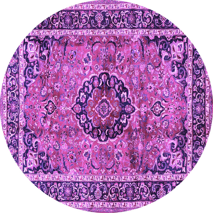Round Machine Washable Medallion Purple Traditional Area Rugs, wshtr4008pur