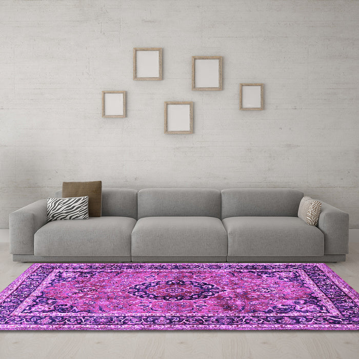 Machine Washable Medallion Purple Traditional Area Rugs in a Living Room, wshtr4008pur