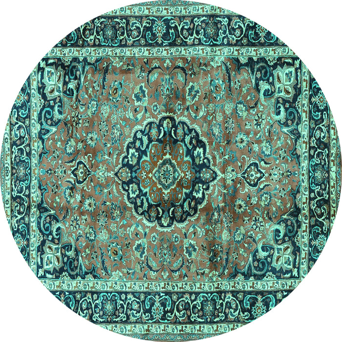 Round Machine Washable Medallion Turquoise Traditional Area Rugs, wshtr4008turq