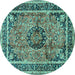 Round Machine Washable Medallion Turquoise Traditional Area Rugs, wshtr4008turq