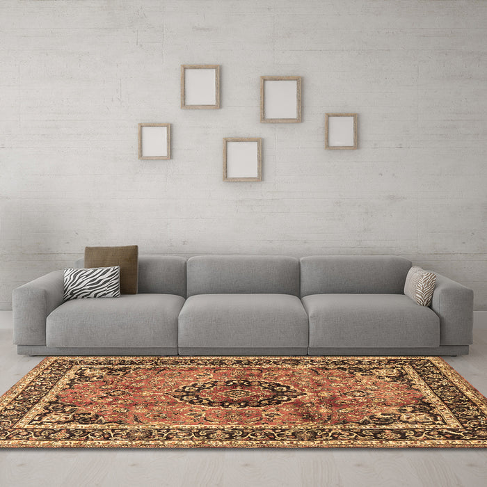 Machine Washable Medallion Brown Traditional Rug in a Living Room,, wshtr4008brn