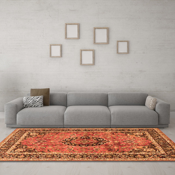 Machine Washable Medallion Orange Traditional Area Rugs in a Living Room, wshtr4008org