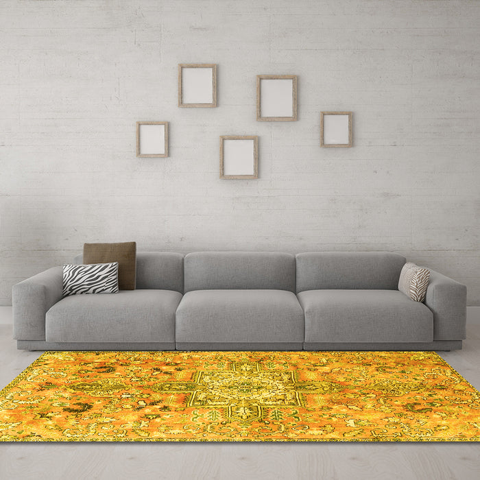 Machine Washable Persian Yellow Traditional Rug in a Living Room, wshtr4009yw