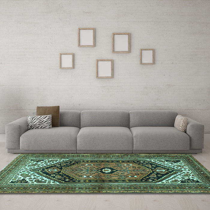 Machine Washable Persian Turquoise Traditional Area Rugs in a Living Room,, wshtr400turq
